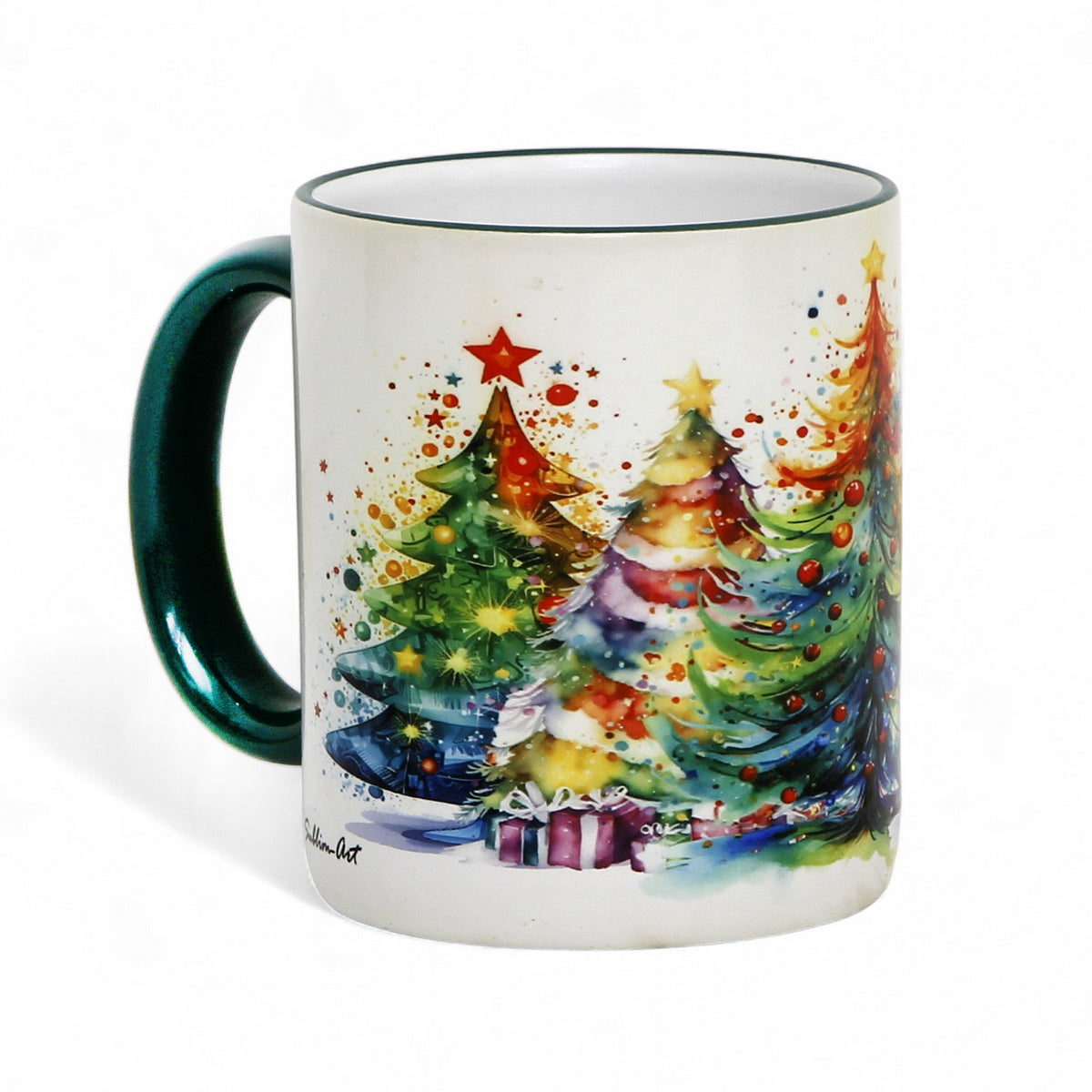 SUBLIMART: Designer Christmas Ceramic Deluxe Mug - Red, Green and White Handles (11 Oz.)