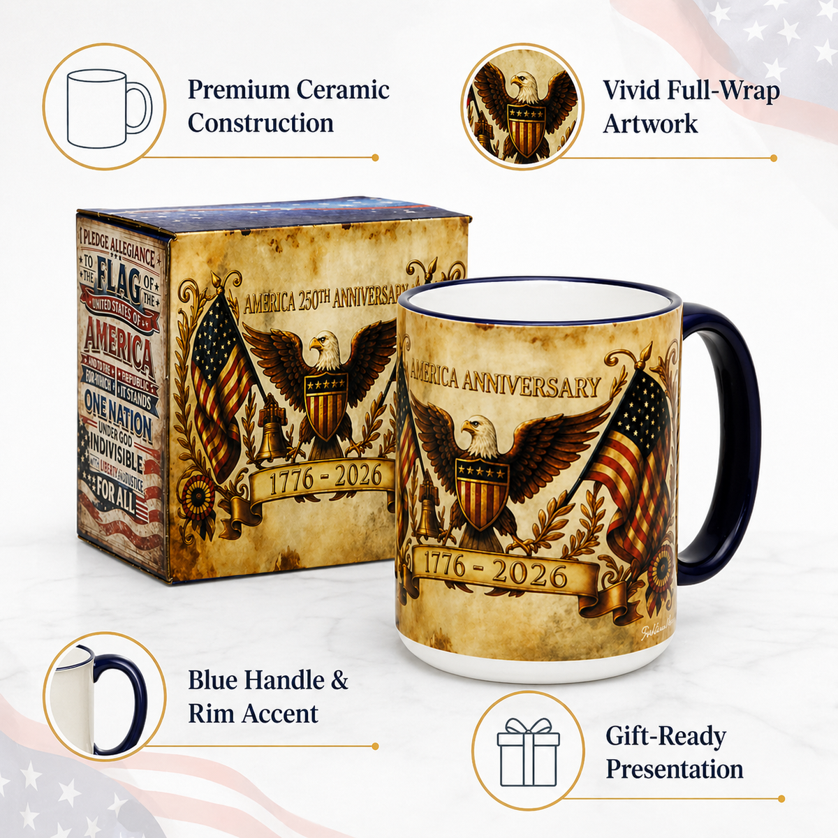 SUBLIMART: USA-250 Anniversary Mug - Blue Handle & Rim Old World Design (15 Oz)