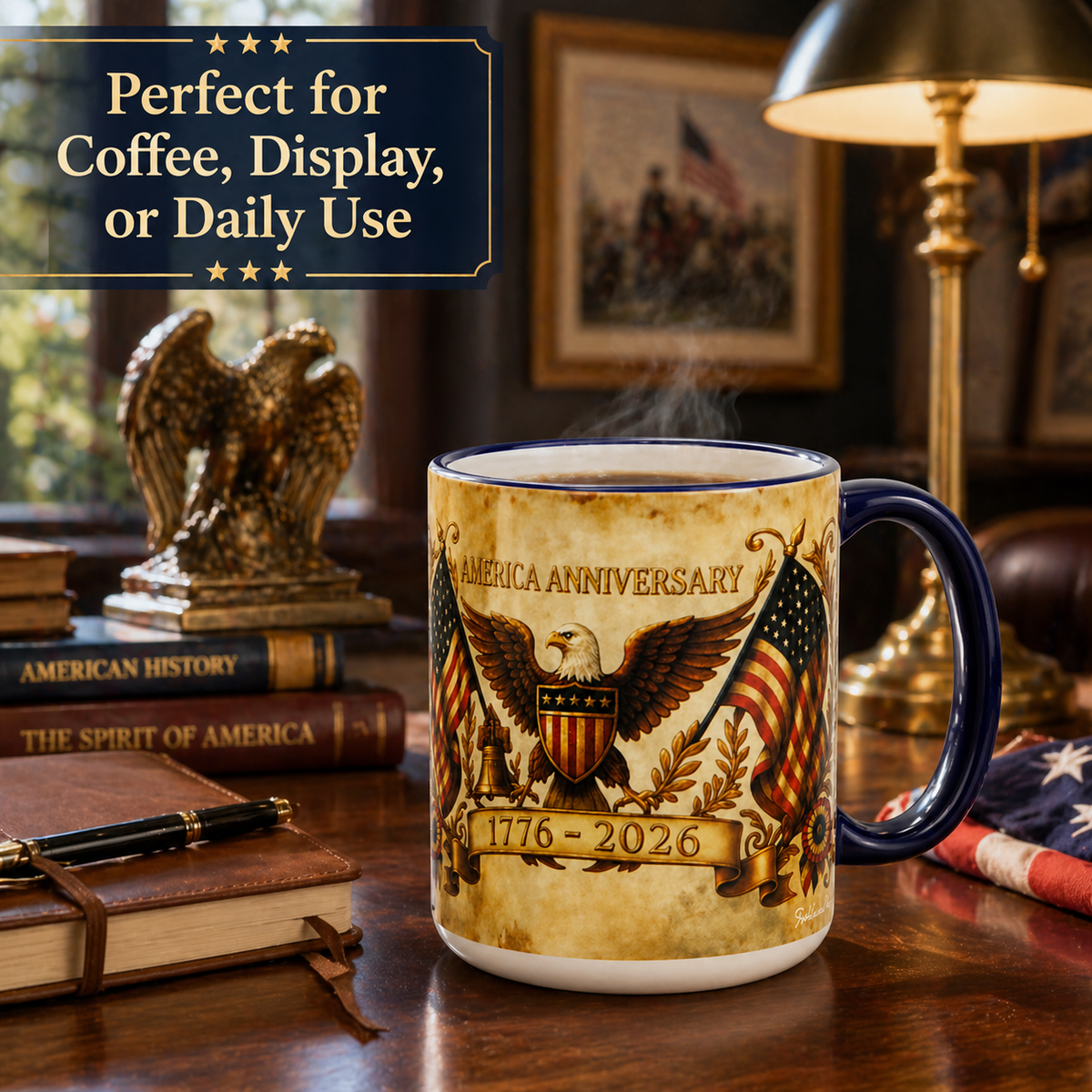 SUBLIMART: USA-250 Anniversary Mug - Blue Handle & Rim Old World Design (15 Oz)