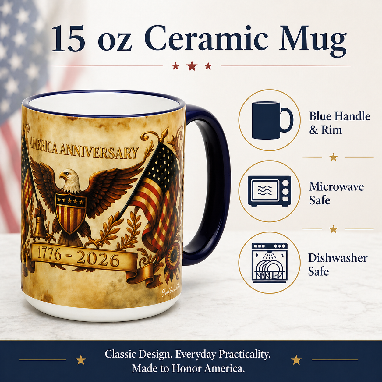 SUBLIMART: USA-250 Anniversary Mug - Blue Handle & Rim Old World Design (15 Oz)