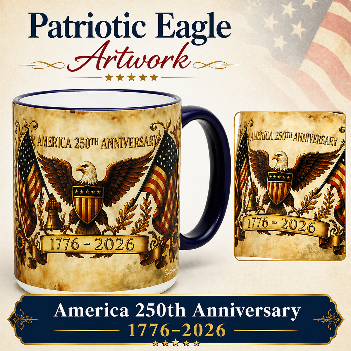 SUBLIMART: USA-250 Anniversary Mug - Blue Handle & Rim Old World Design (15 Oz)