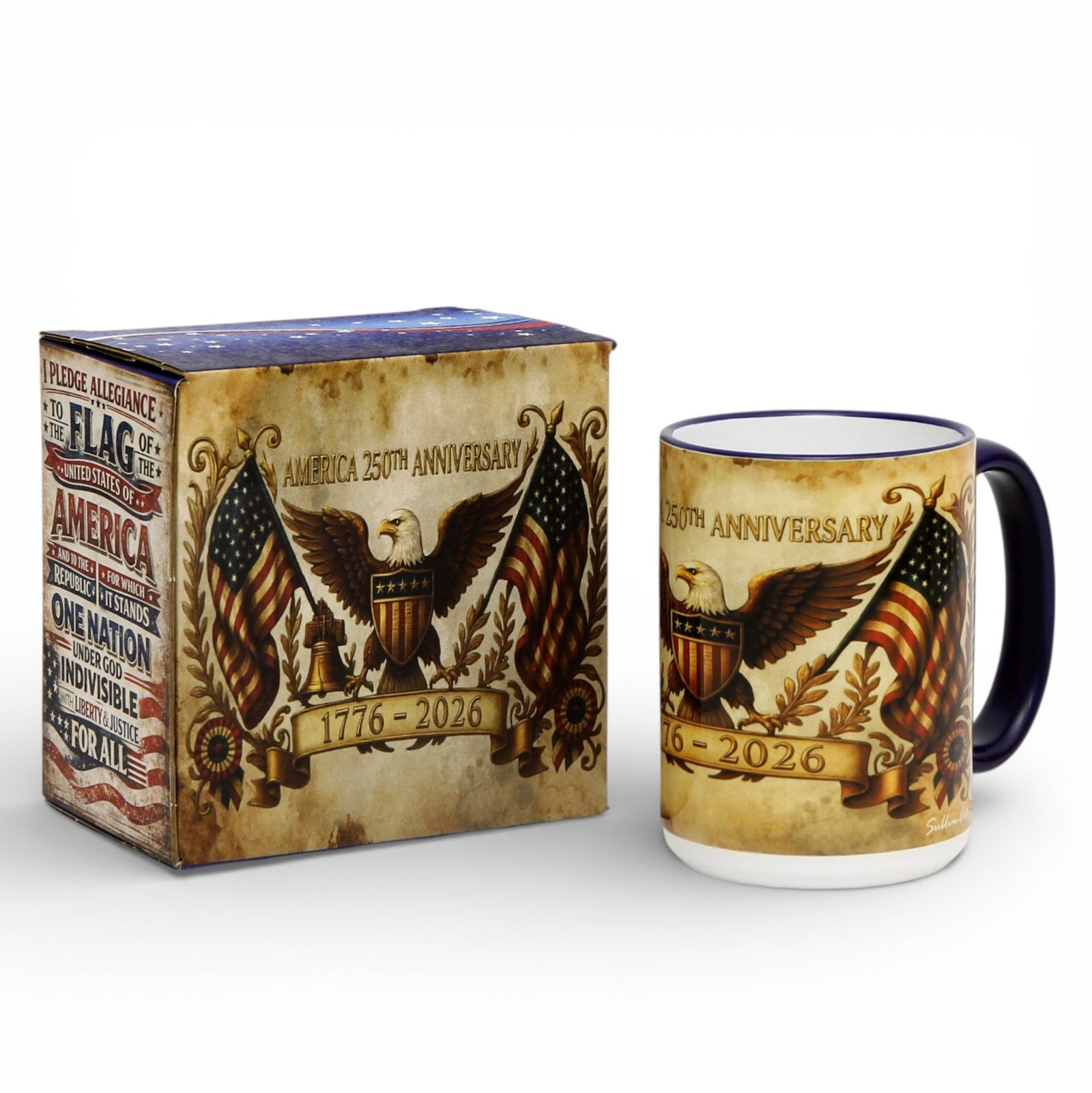SUBLIMART: USA-250 Anniversary Mug - Blue Handle & Rim Old World Design (15 Oz)