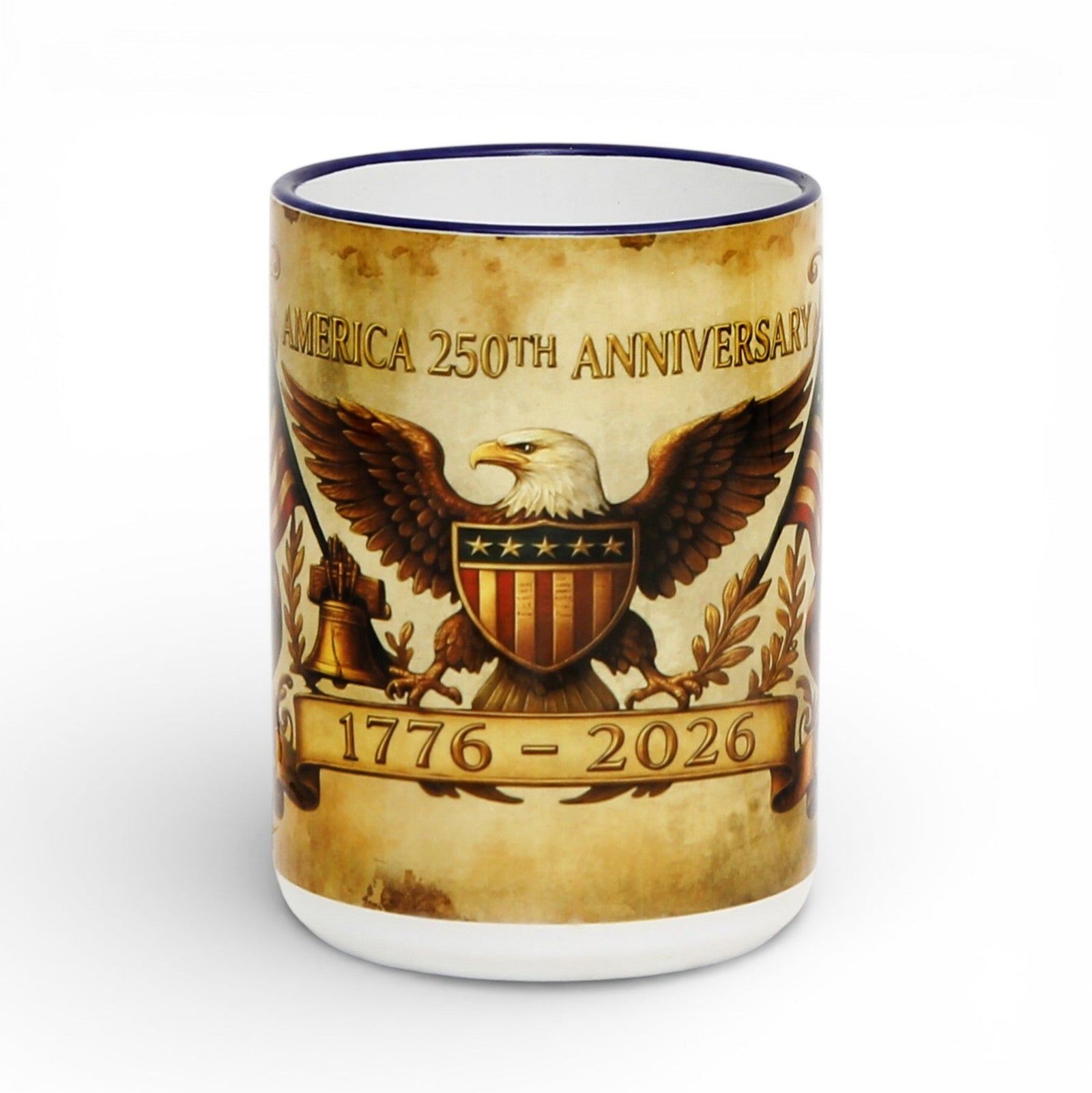 SUBLIMART: USA-250 Anniversary Mug - Blue Handle & Rim Old World Design (15 Oz)