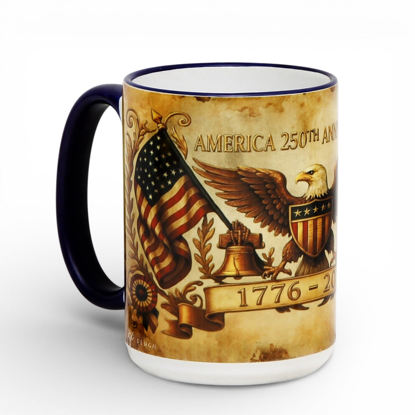 SUBLIMART: USA-250 Anniversary Mug - Blue Handle & Rim Old World Design (15 Oz)