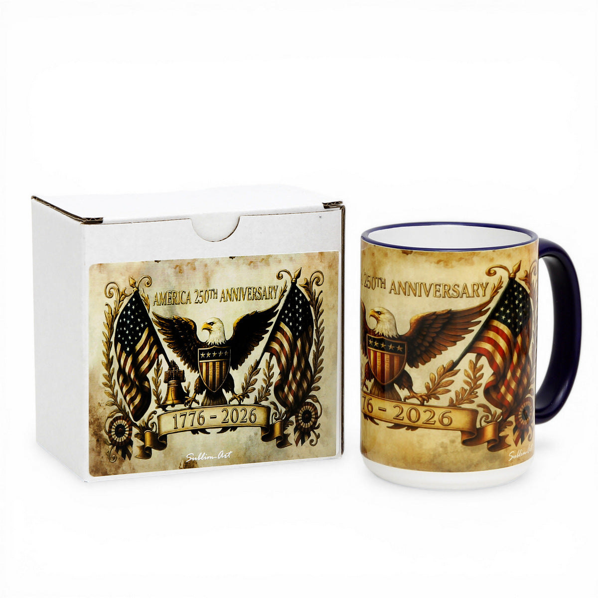 SUBLIMART: USA-250 Anniversary Mug - Blue Handle & Rim Old World Design (15 Oz)