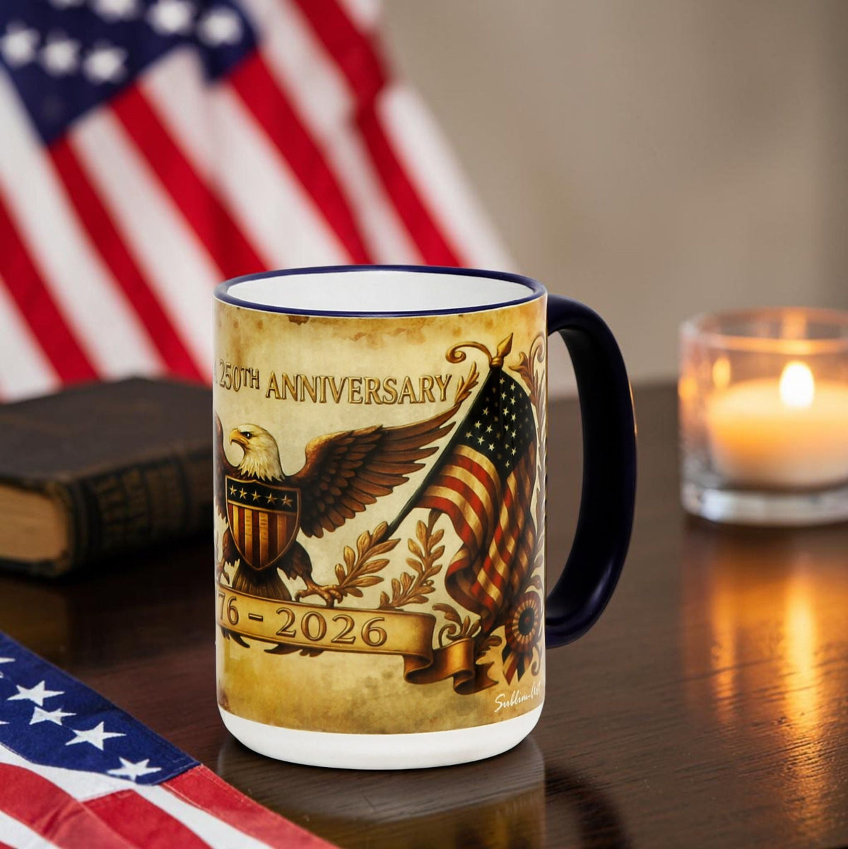 SUBLIMART: USA-250 Anniversary Mug - Blue Handle & Rim Old World Design (15 Oz)