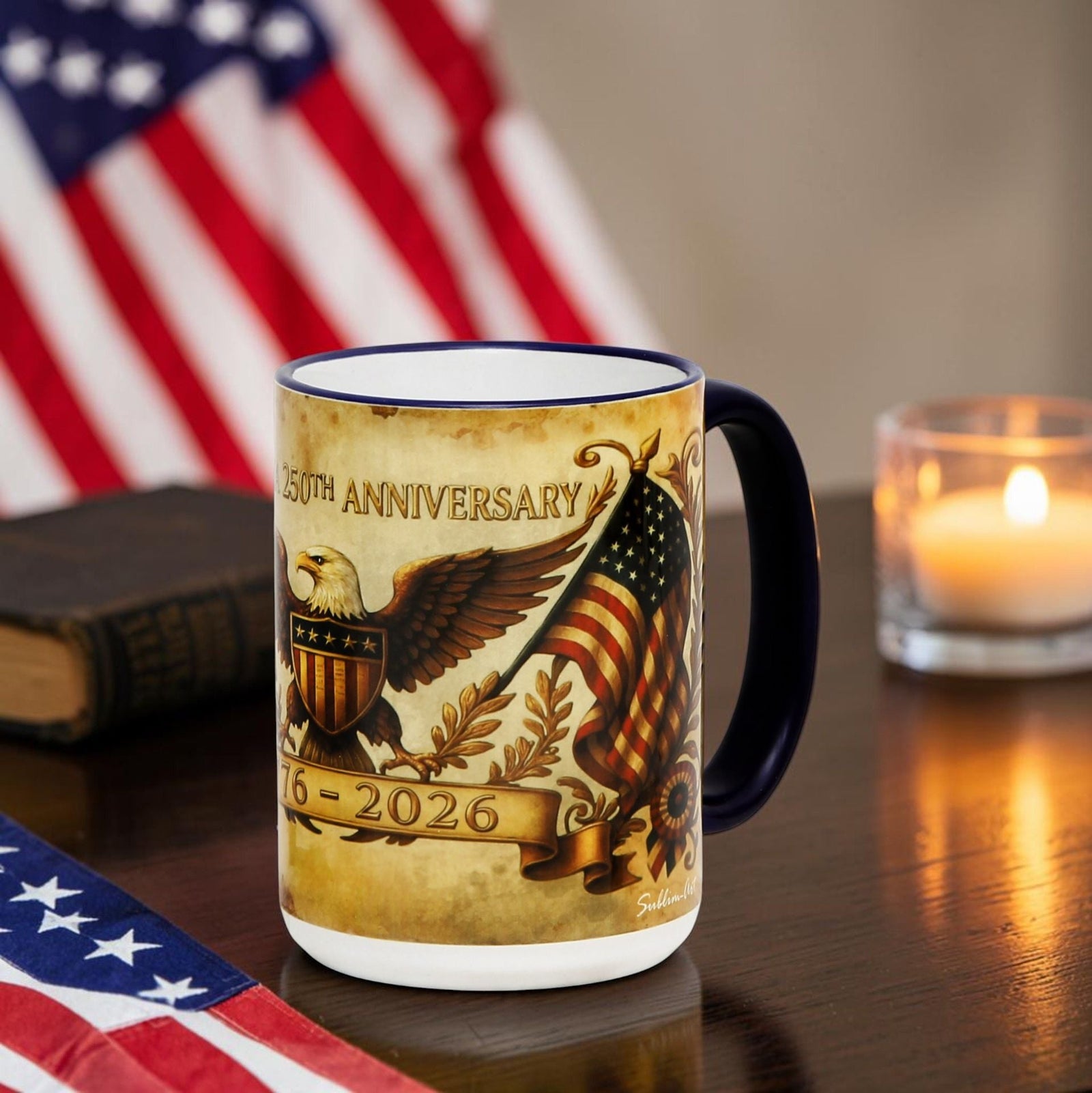 SUBLIMART: USA-250 Anniversary Mug - Blue Handle & Rim Old World Design (15 Oz)