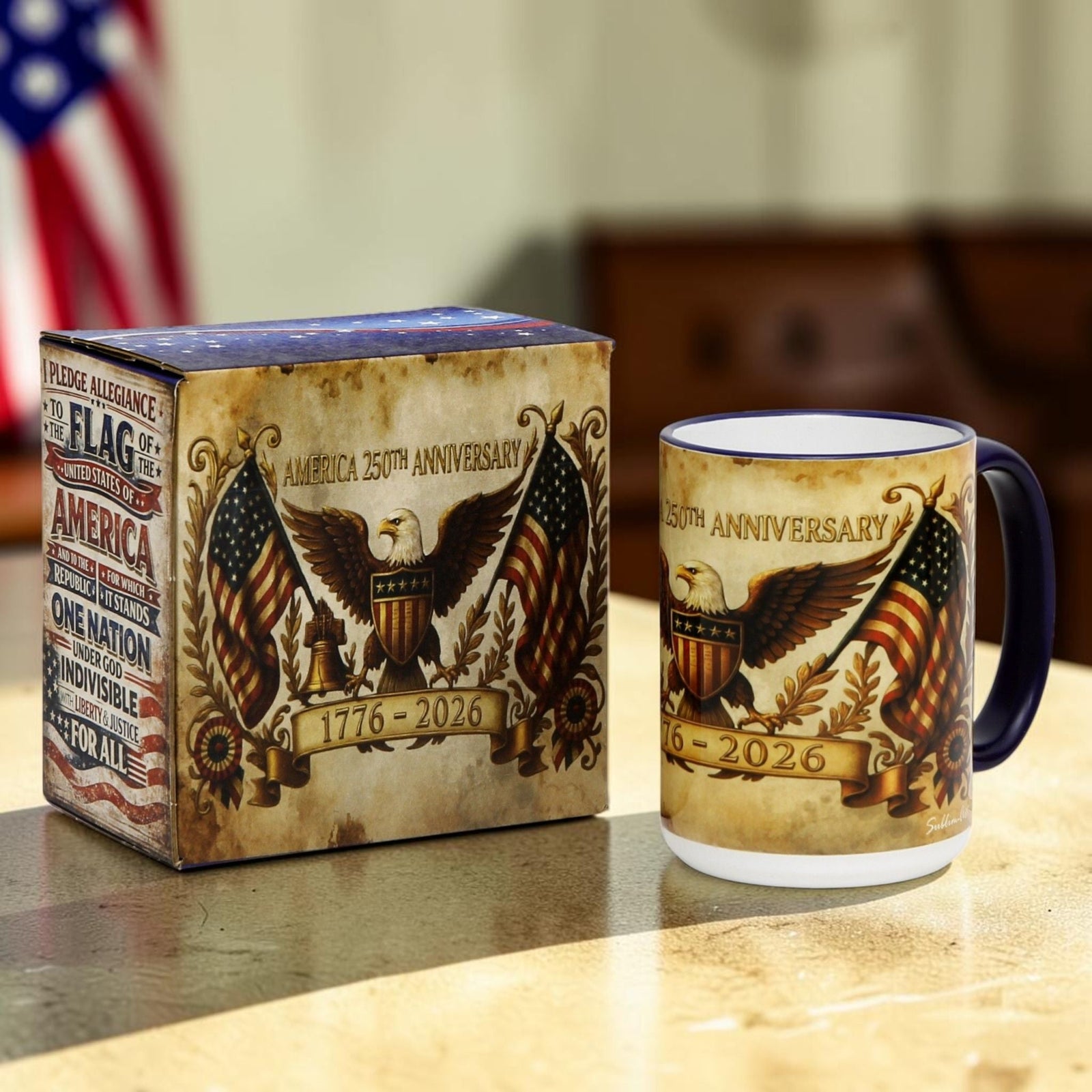 SUBLIMART: USA-250 Anniversary Mug - Blue Handle & Rim Old World Design (15 Oz)