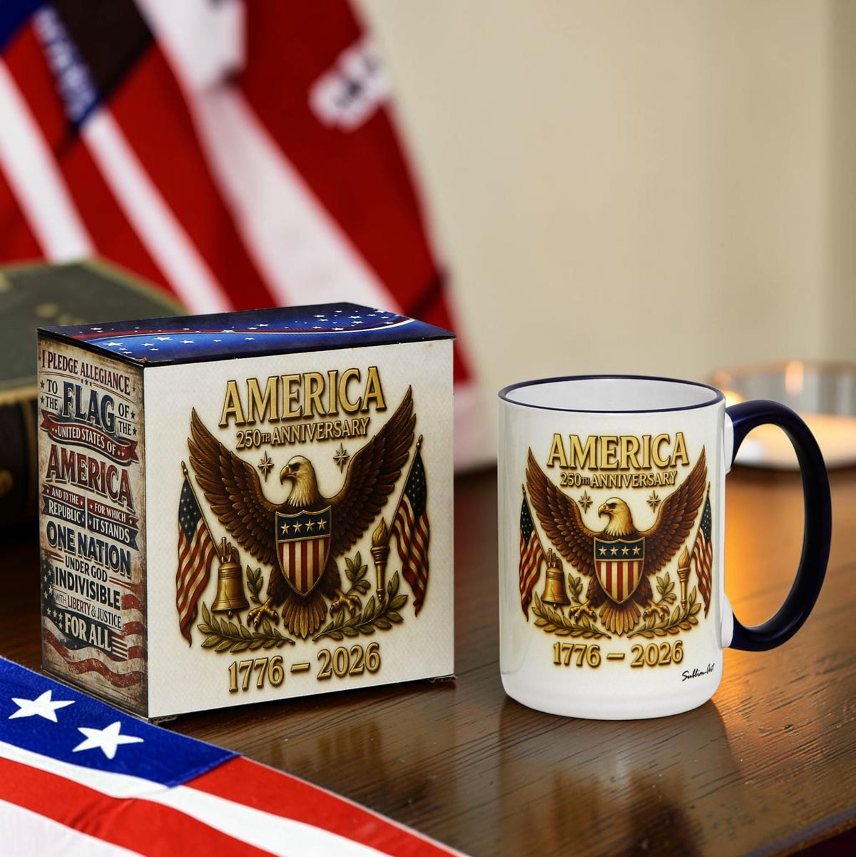 SUBLIMART: USA-250 Anniversary Mug - Blue Handle &amp; Rim with Eagle on off white Background (15 Oz)