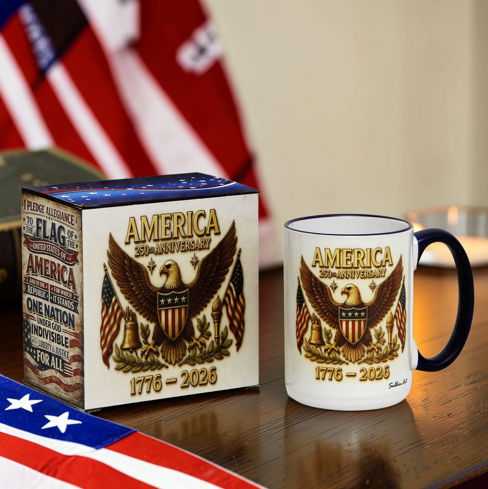 SUBLIMART: USA-250 Anniversary Mug - Blue Handle & Rim with Eagle on off white Background (15 Oz)