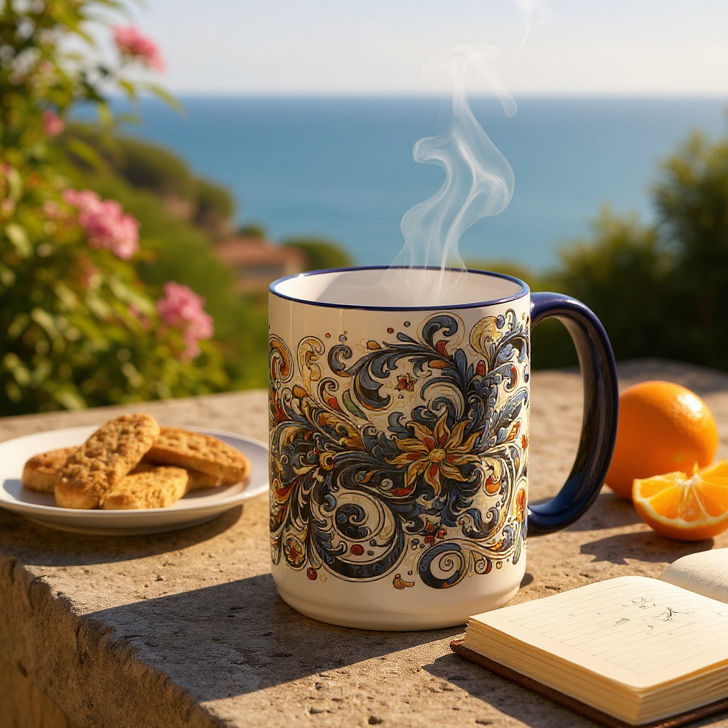 SUBLIMART: Baroque Blue Floral 15 oz Porcelain Mug