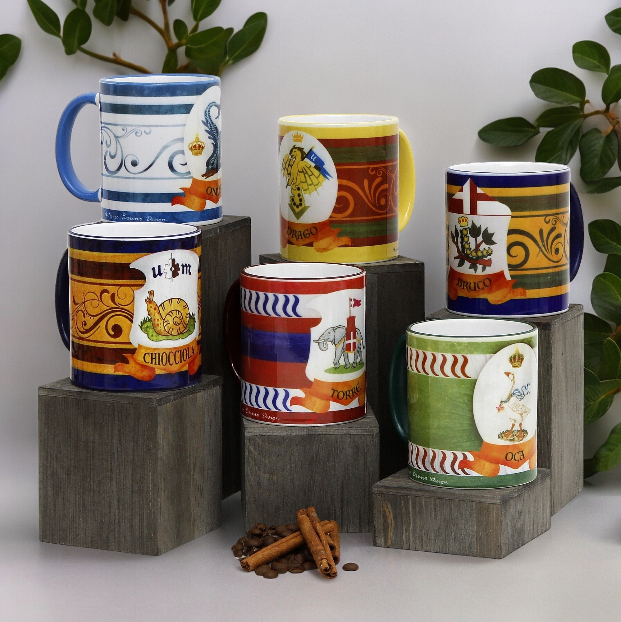 PALIO DI SIENA: Porcelain printed mug Set of 6 bundle: CHIOCCIOLA+ONDA+DRAGO+BRUCO+TORRE+OCA
