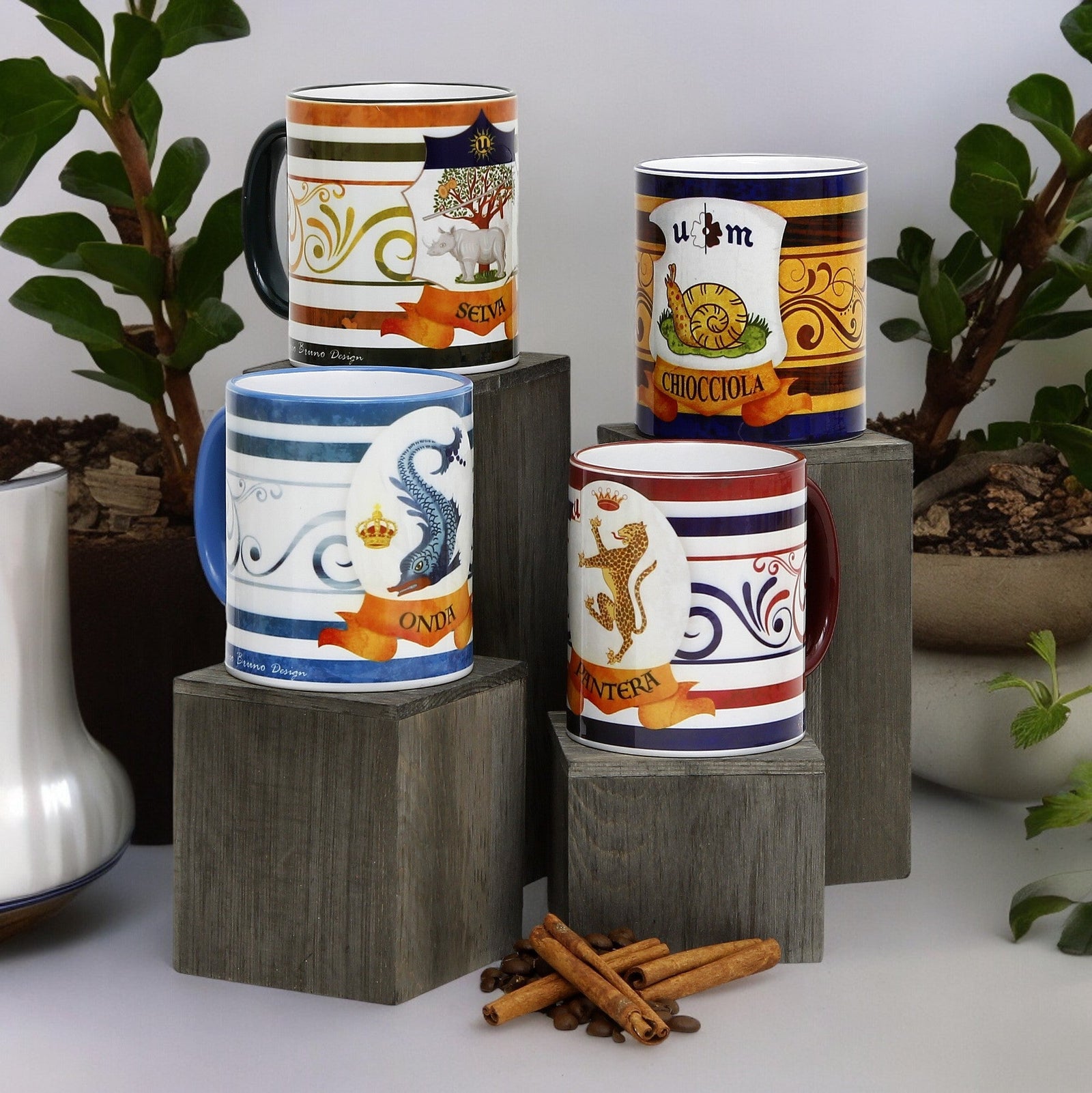 PALIO DI SIENA: Porcelain printed mug Set of 4 bundle: ONDA+SELVA+CHIOCCIOLA+PANTERA
