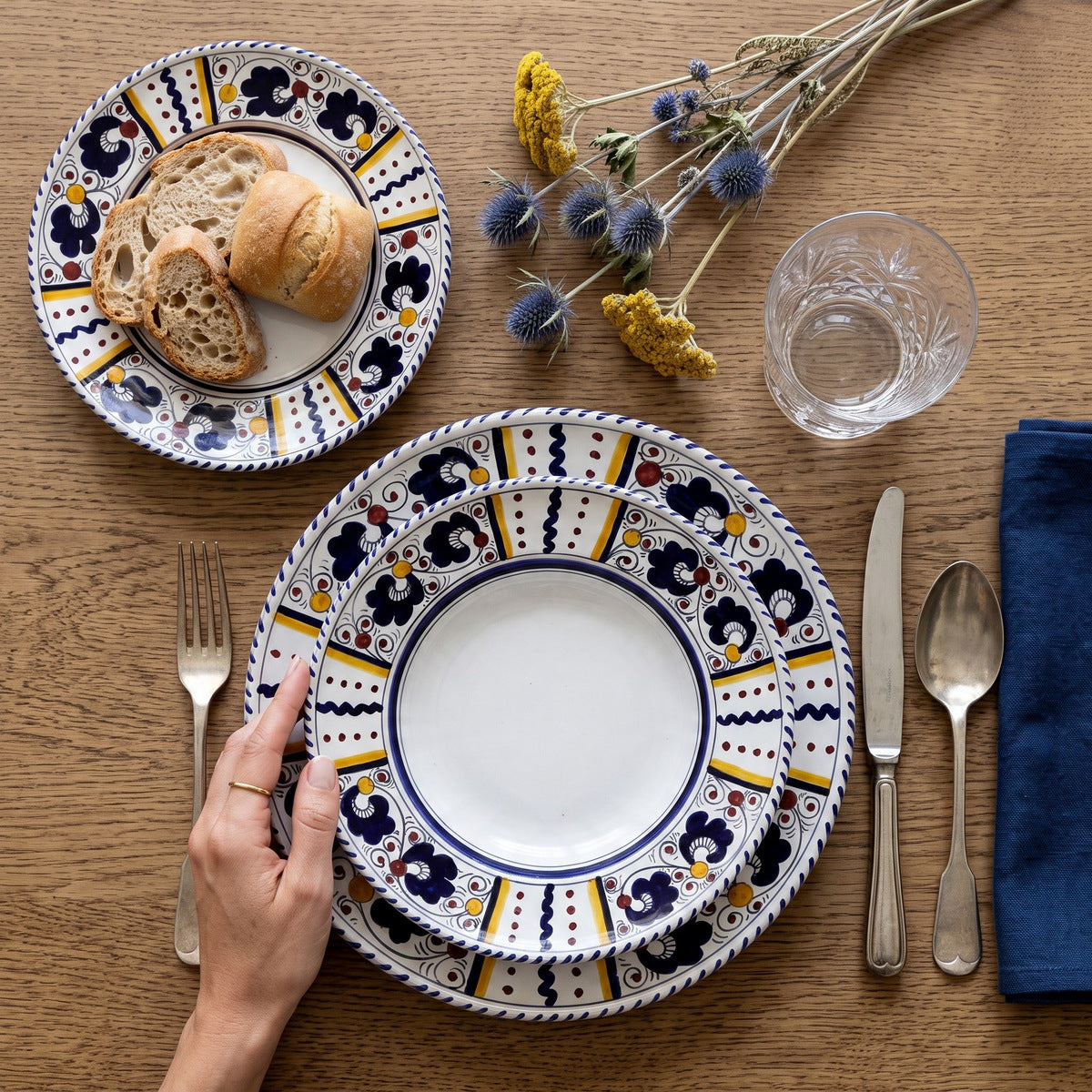 ORVIETO BLUE ROOSTER: 3 Pieces Place Setting - White Center