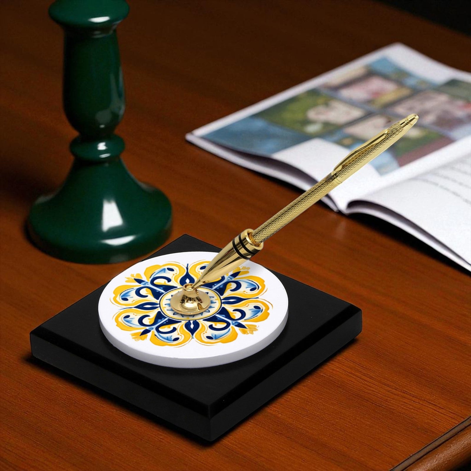 SUBLIMART: Traditional Italian-Inspired Wood/Ceramic Pen Holder with pen (Design 01)