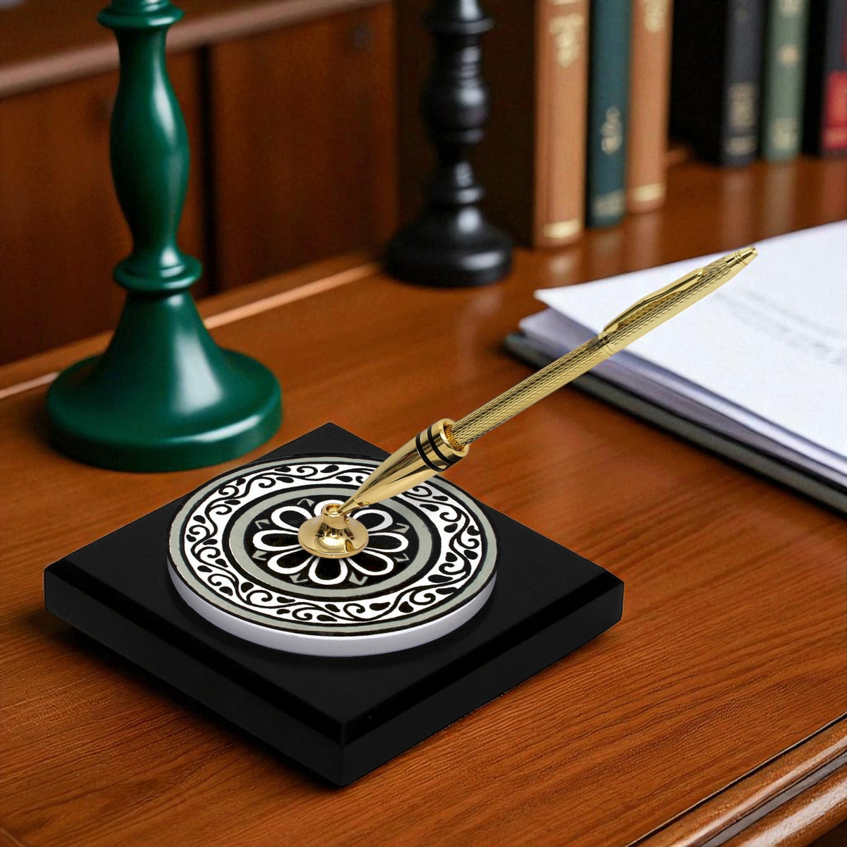 SUBLIMART: Traditional Italian-Inspired Wood/Ceramic Pen Holder with pen (Design 09)