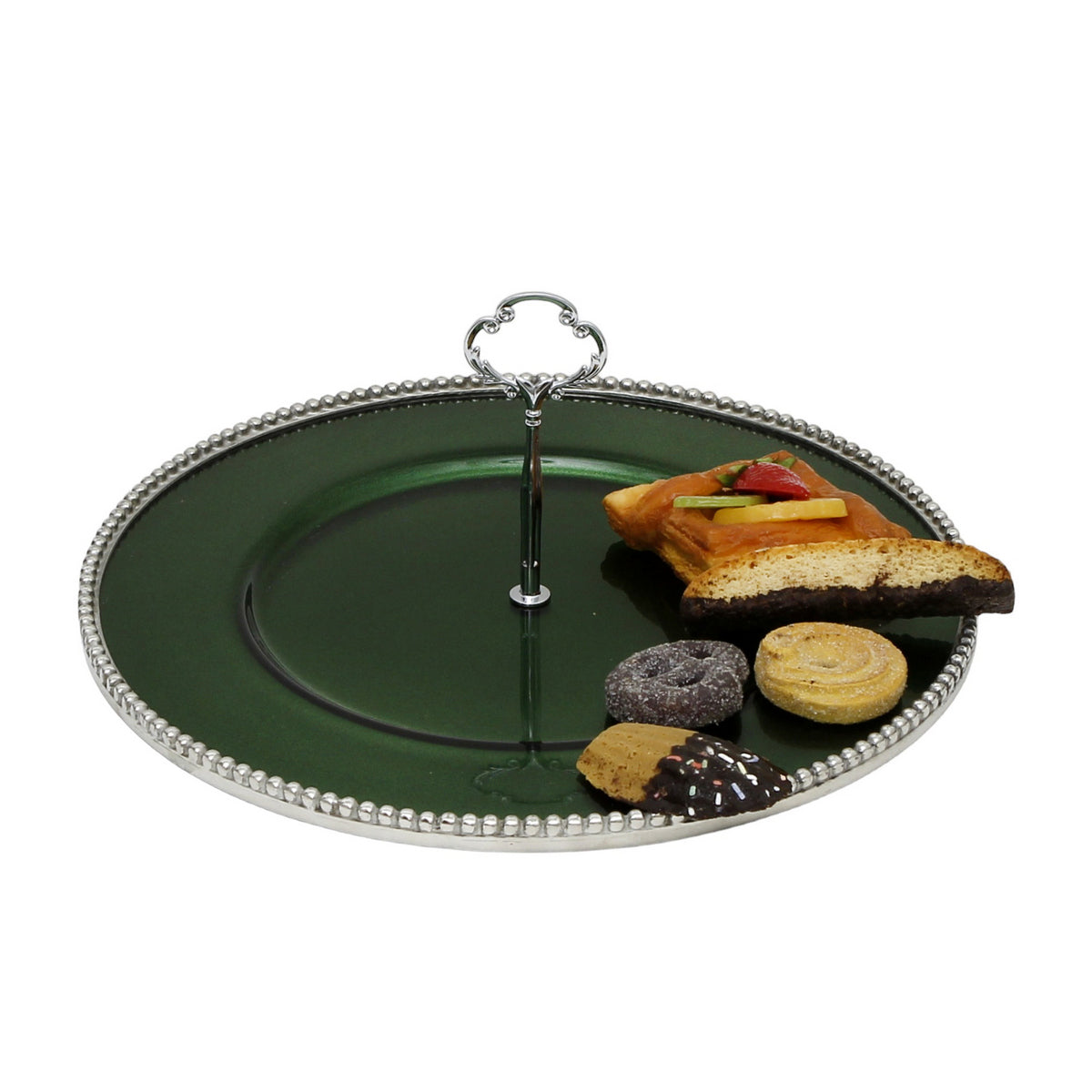 ARTE ITALICA PERLINA: Tid Bit Server Green Glass Tray with Metal rim - Golden or Chrome Oval Metal Handle - Artistica.com