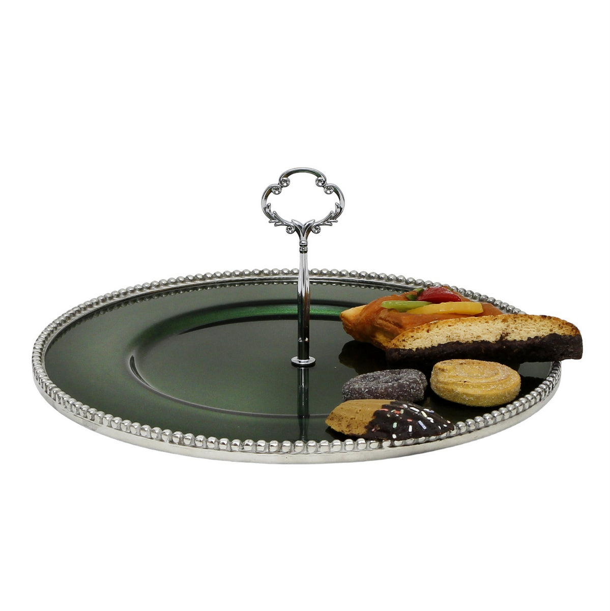 ARTE ITALICA PERLINA: Tid Bit Server Green Glass Tray with Metal rim - Golden or Chrome Oval Metal Handle - Artistica.com