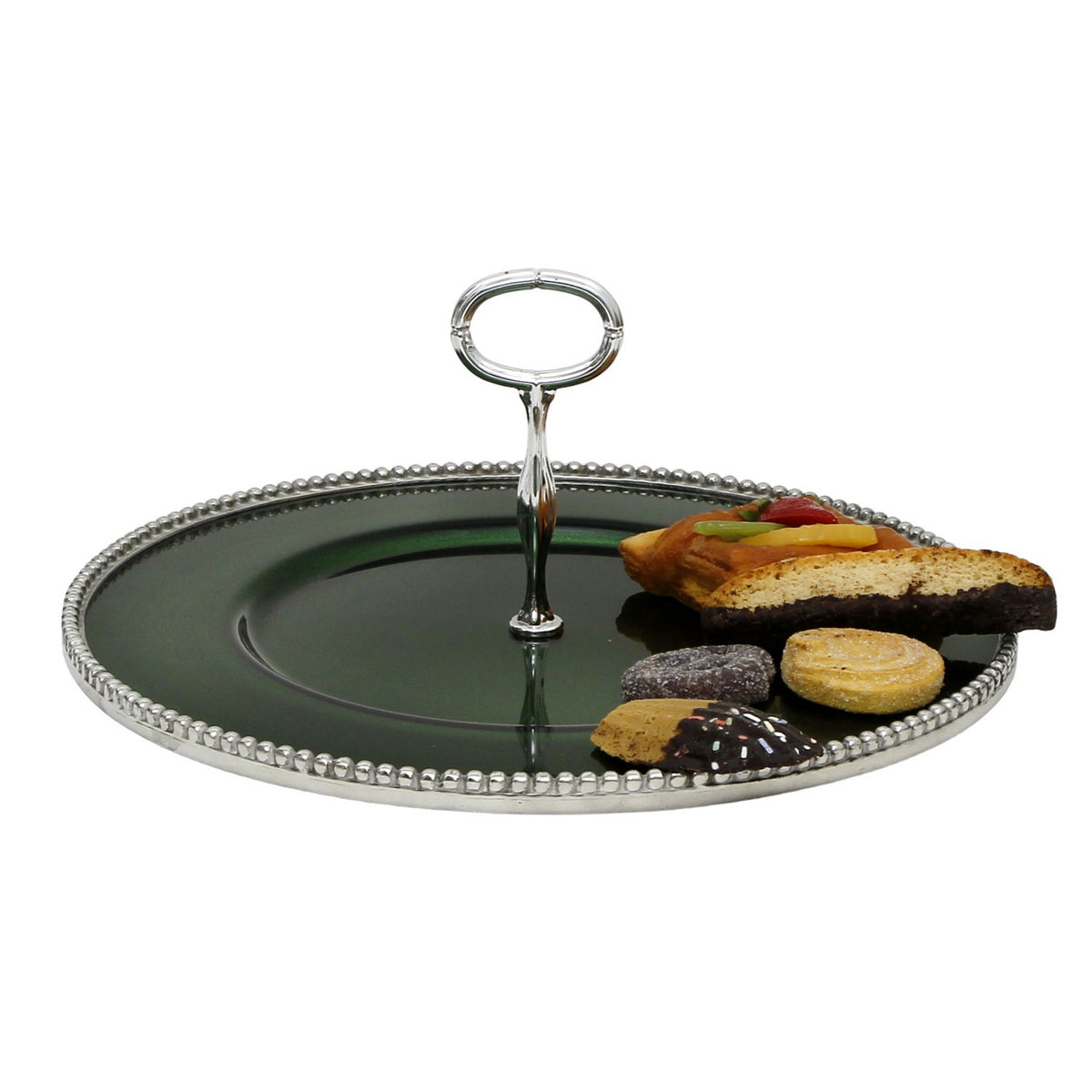 ARTE ITALICA PERLINA: Tid Bit Server Green Glass Tray with Metal rim - Golden or Chrome Oval Metal Handle - Artistica.com