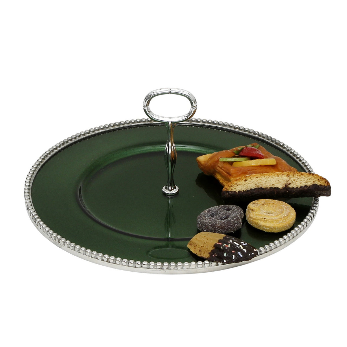ARTE ITALICA PERLINA: Tid Bit Server Green Glass Tray with Metal rim - Golden or Chrome Oval Metal Handle - Artistica.com
