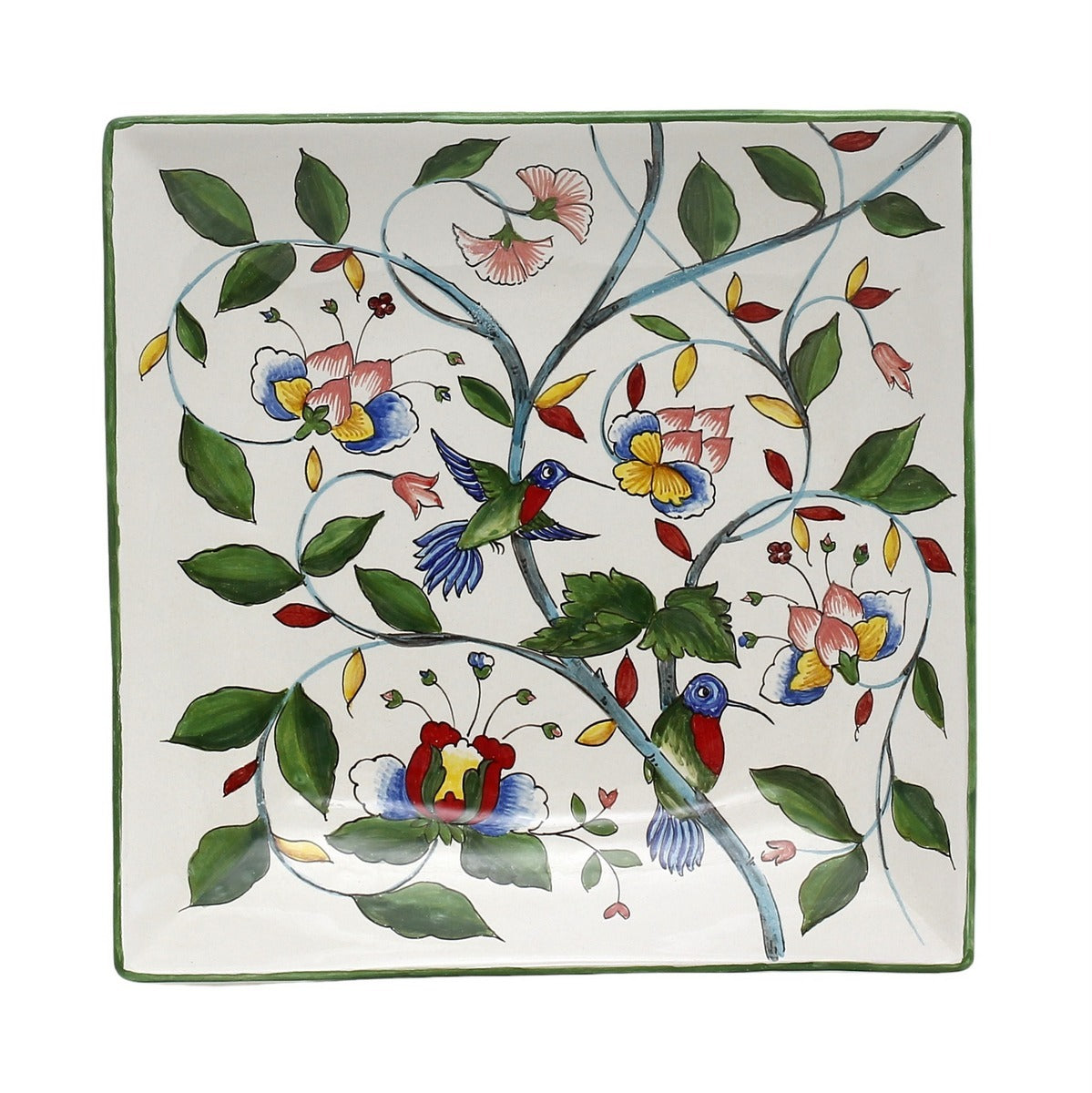 DERUTA FLORIANA: Square Bowl/Tray hand painted decorated in a floral design with hummingbird.