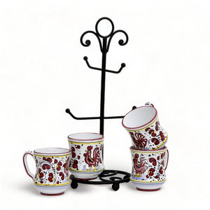 DERUTA RED ROOSTER MUGS SET: 4 Mugs as shown and wrought iron four arms mug stand tree black.