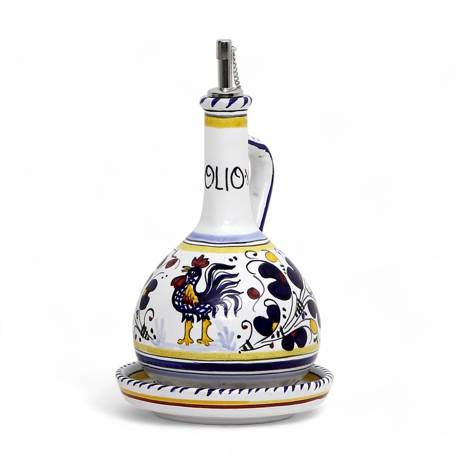 ORVIETO BLUE ROOSTER: Olive Oil Bottle Dispenser Deluxe with Dipping Bowl Tray
