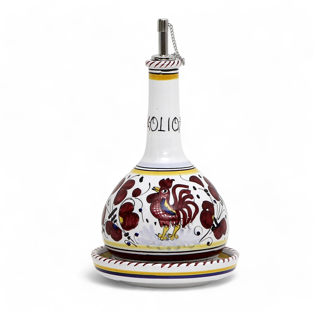 ORVIETO RED ROOSTER: Olive Oil Bottle Dispenser Deluxe with Dipping Bowl Tray