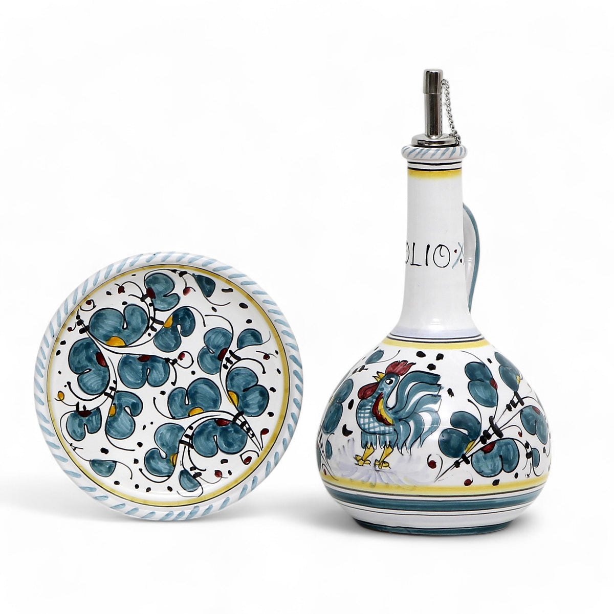 ORVIETO GREEN ROOSTER: Olive Oil Bottle Dispenser Deluxe with Dipping Bowl Tray
