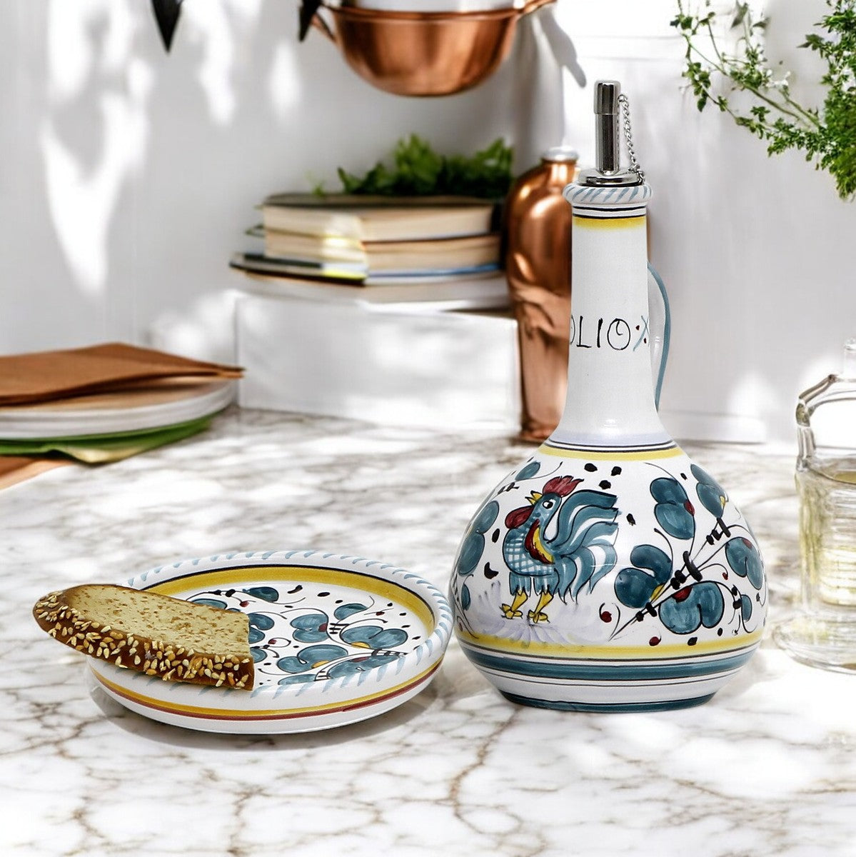 ORVIETO GREEN ROOSTER: Olive Oil Bottle Dispenser Deluxe with Dipping Bowl Tray