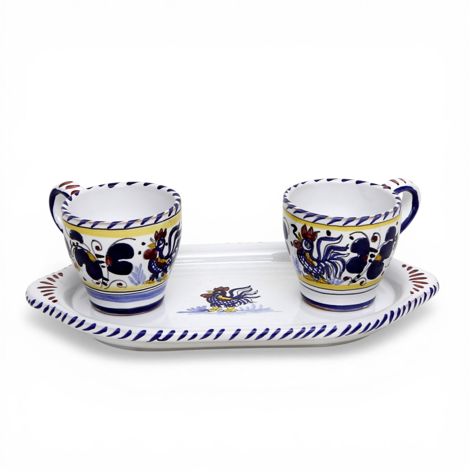 DERUTA ESPRESSO SET: Oblong Tray with two Espresso cups - BLUE ROOSTER Design.