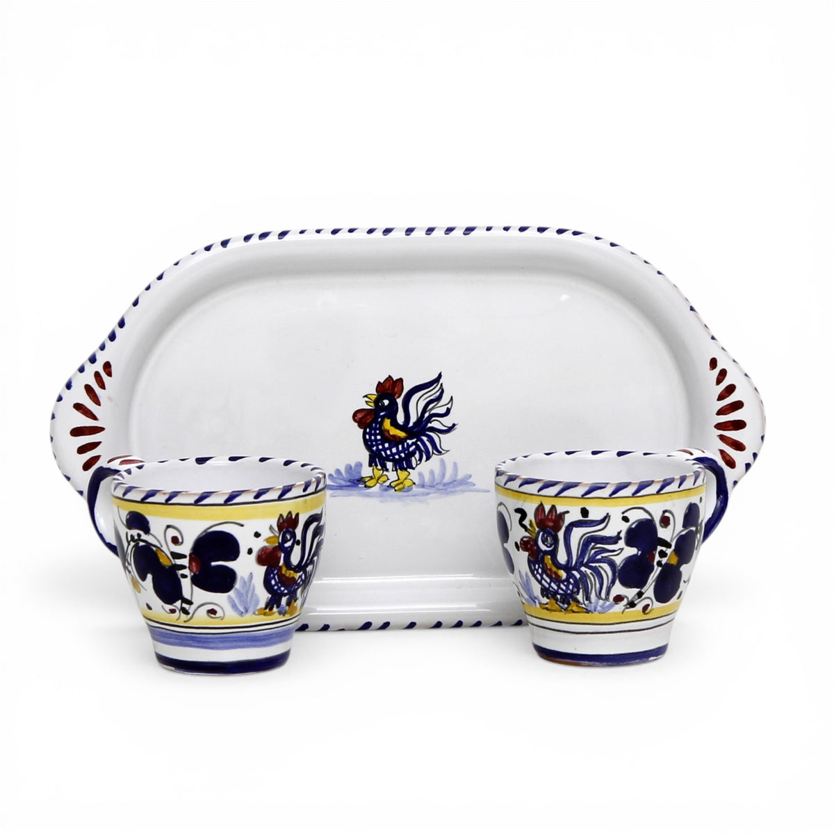 DERUTA ESPRESSO SET: Oblong Tray with two Espresso cups - BLUE ROOSTER Design.