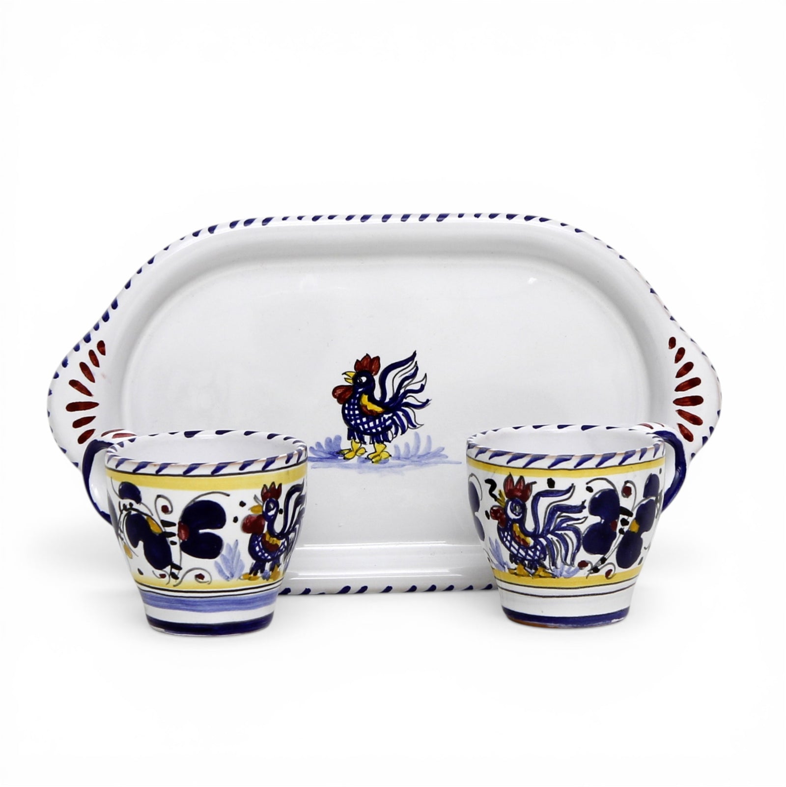 DERUTA ESPRESSO SET: Oblong Tray with two Espresso cups - BLUE ROOSTER Design.
