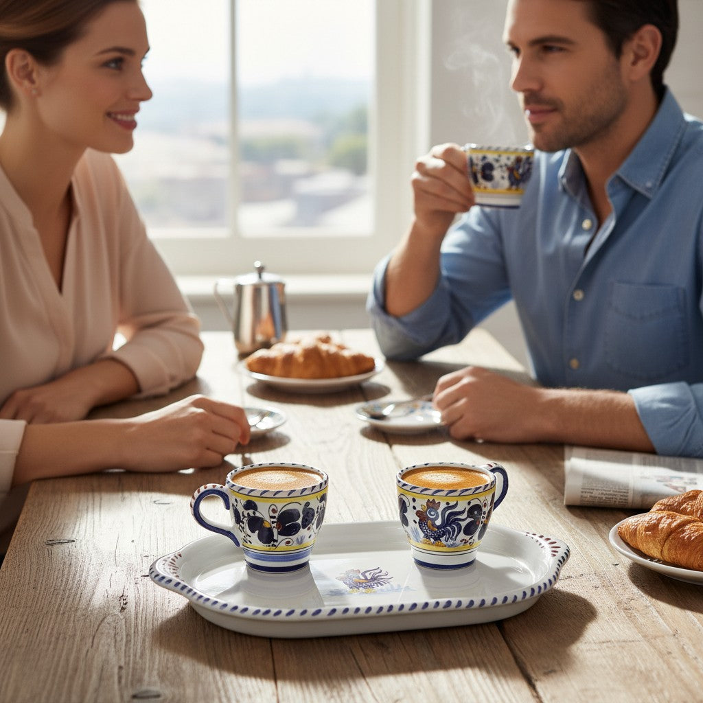 DERUTA ESPRESSO SET: Oblong Tray with two Espresso cups - BLUE ROOSTER Design.