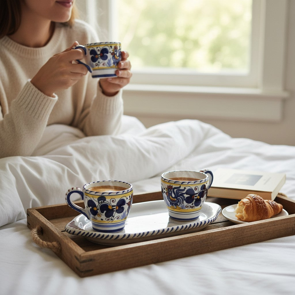 DERUTA ESPRESSO SET: Oblong Tray with two Espresso cups - BLUE ROOSTER Design.