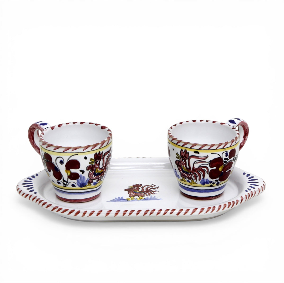 DERUTA ESPRESSO SET: Oblong Tray with two Espresso cups - RED ROOSTER Design