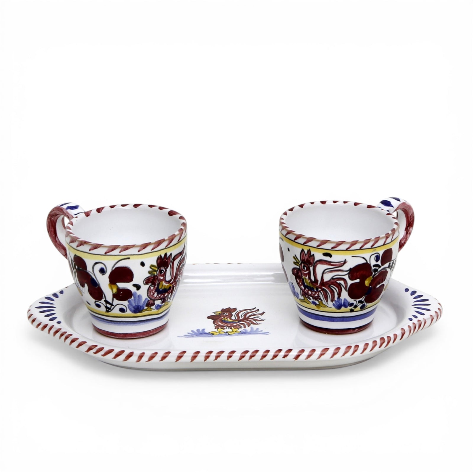 DERUTA ESPRESSO SET: Oblong Tray with two Espresso cups - RED ROOSTER Design