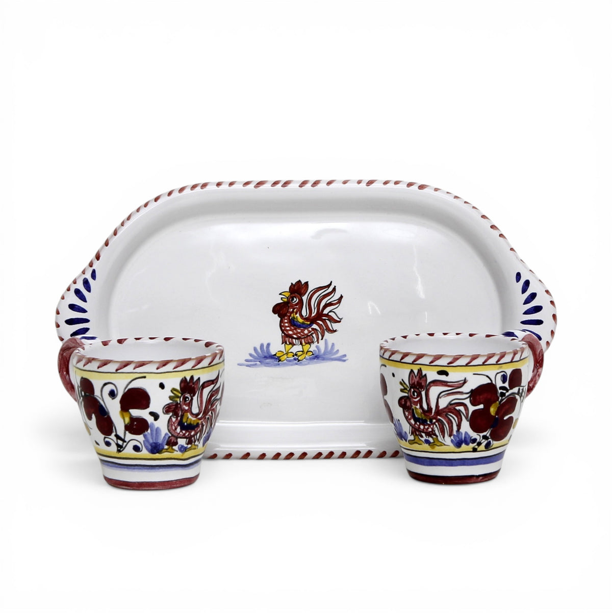 DERUTA ESPRESSO SET: Oblong Tray with two Espresso cups - RED ROOSTER Design