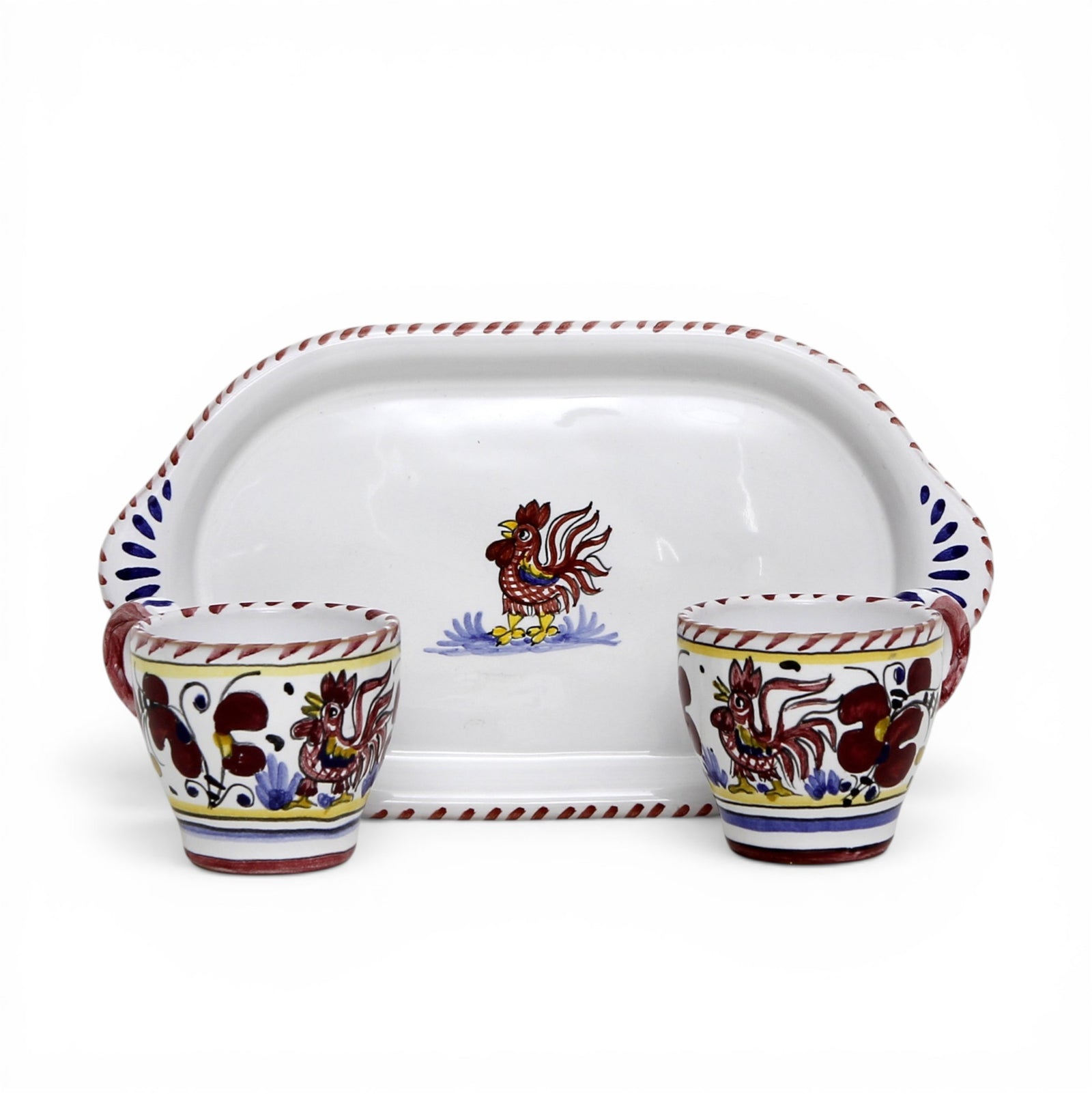 DERUTA ESPRESSO SET: Oblong Tray with two Espresso cups - RED ROOSTER Design