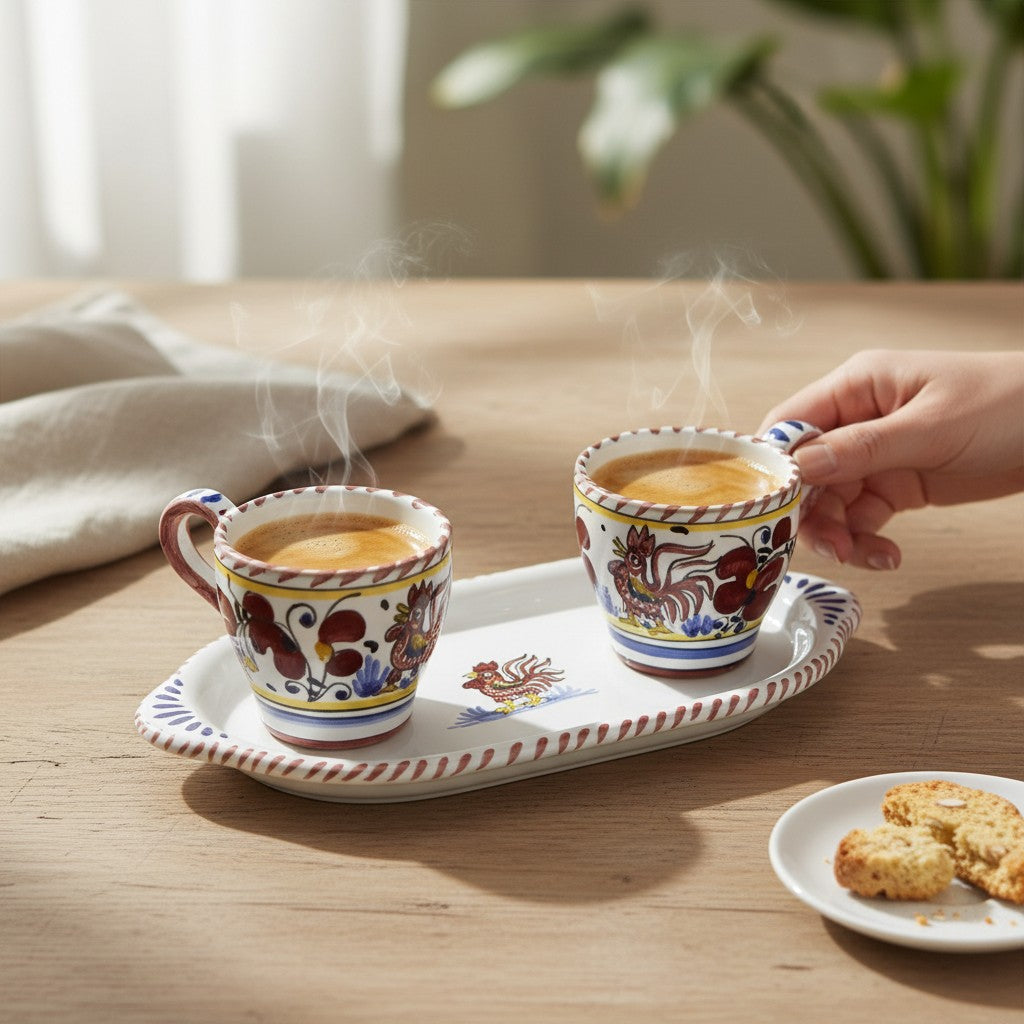 DERUTA ESPRESSO SET: Oblong Tray with two Espresso cups - RED ROOSTER Design
