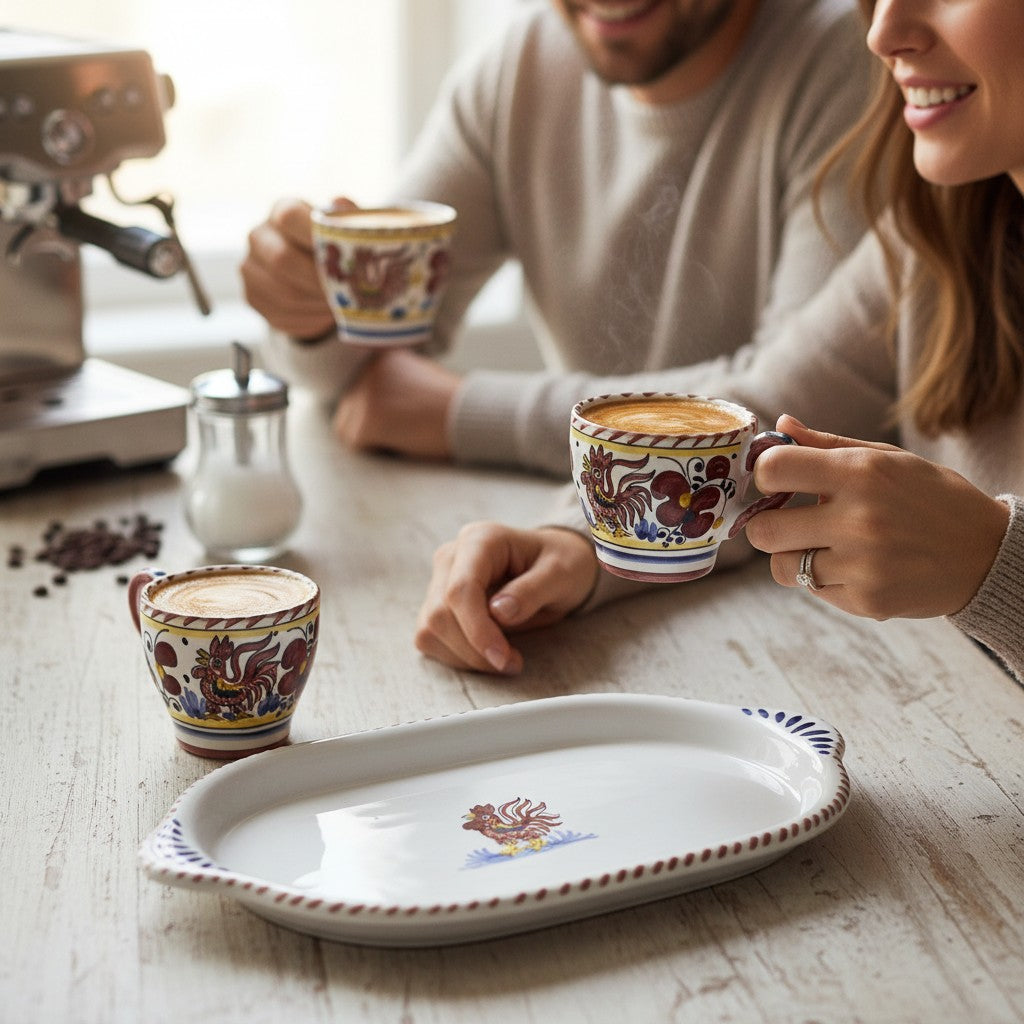 DERUTA ESPRESSO SET: Oblong Tray with two Espresso cups - RED ROOSTER Design