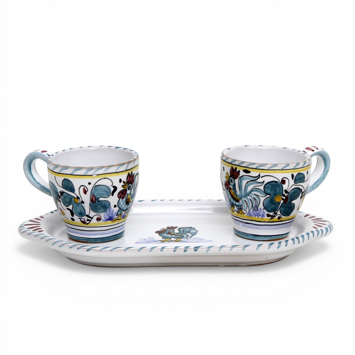 DERUTA ESPRESSO SET: Oblong Tray with two Espresso cups - GREEN ROOSTER Design