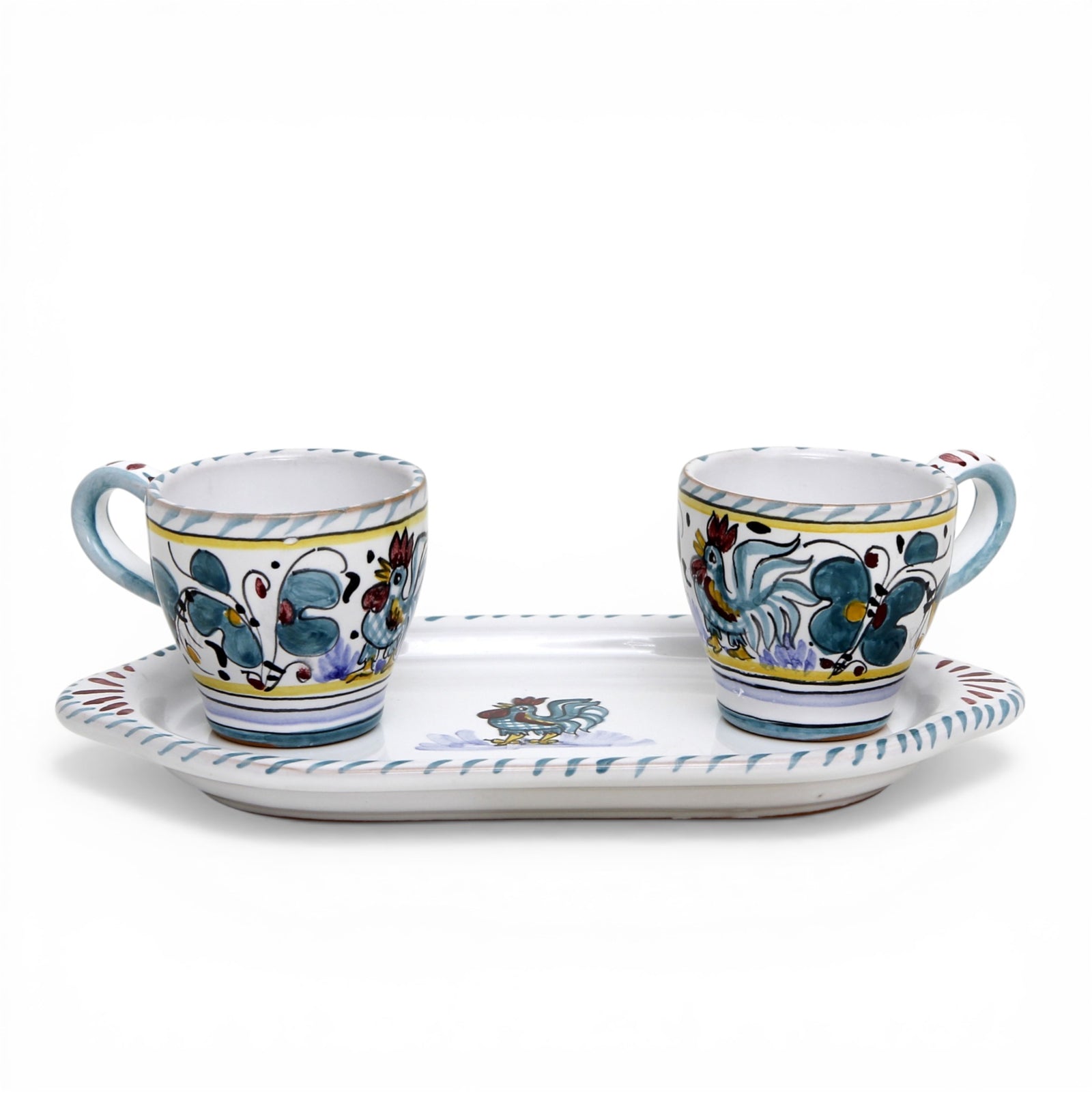 DERUTA ESPRESSO SET: Oblong Tray with two Espresso cups - GREEN ROOSTER Design