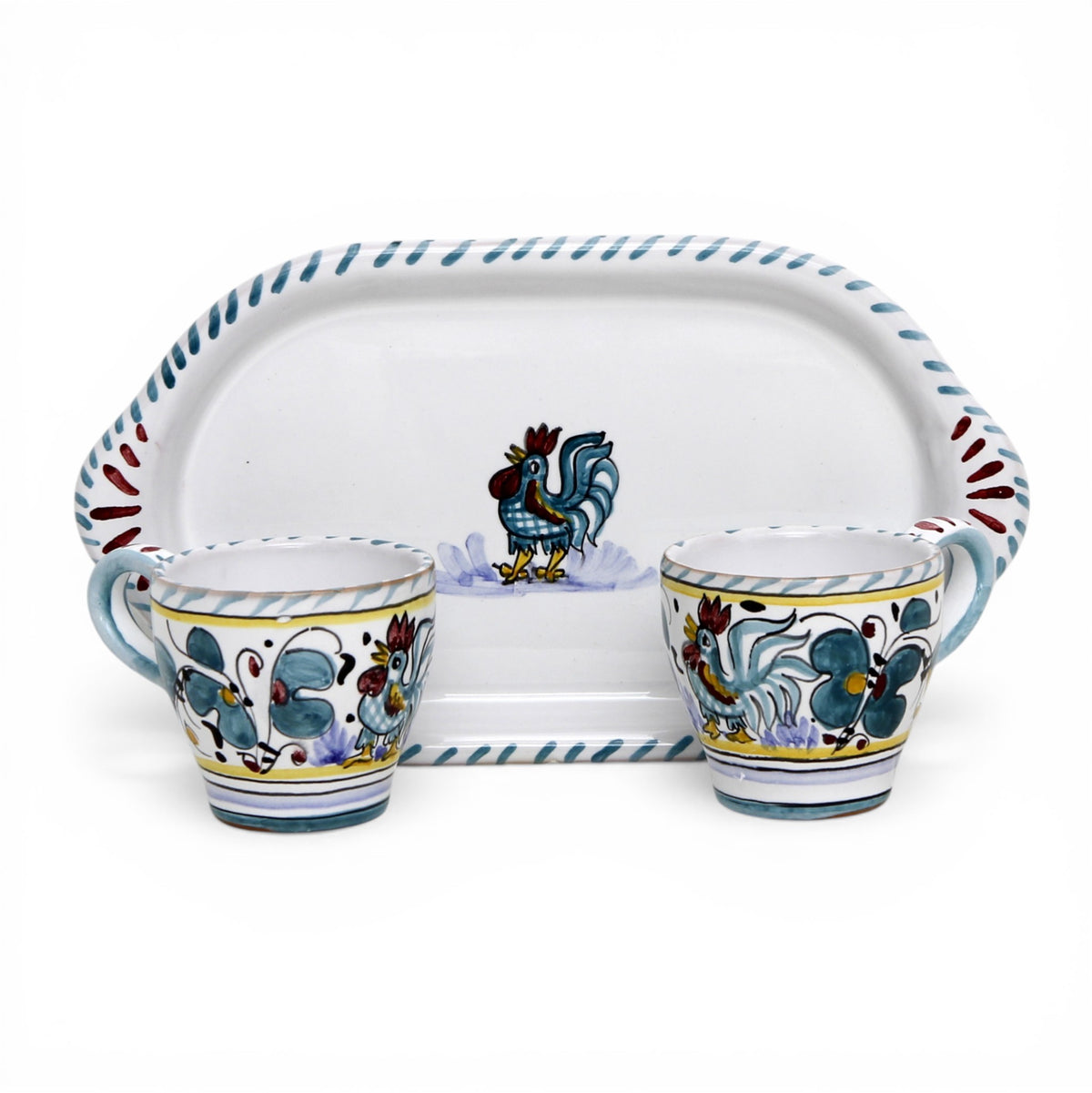 DERUTA ESPRESSO SET: Oblong Tray with two Espresso cups - GREEN ROOSTER Design
