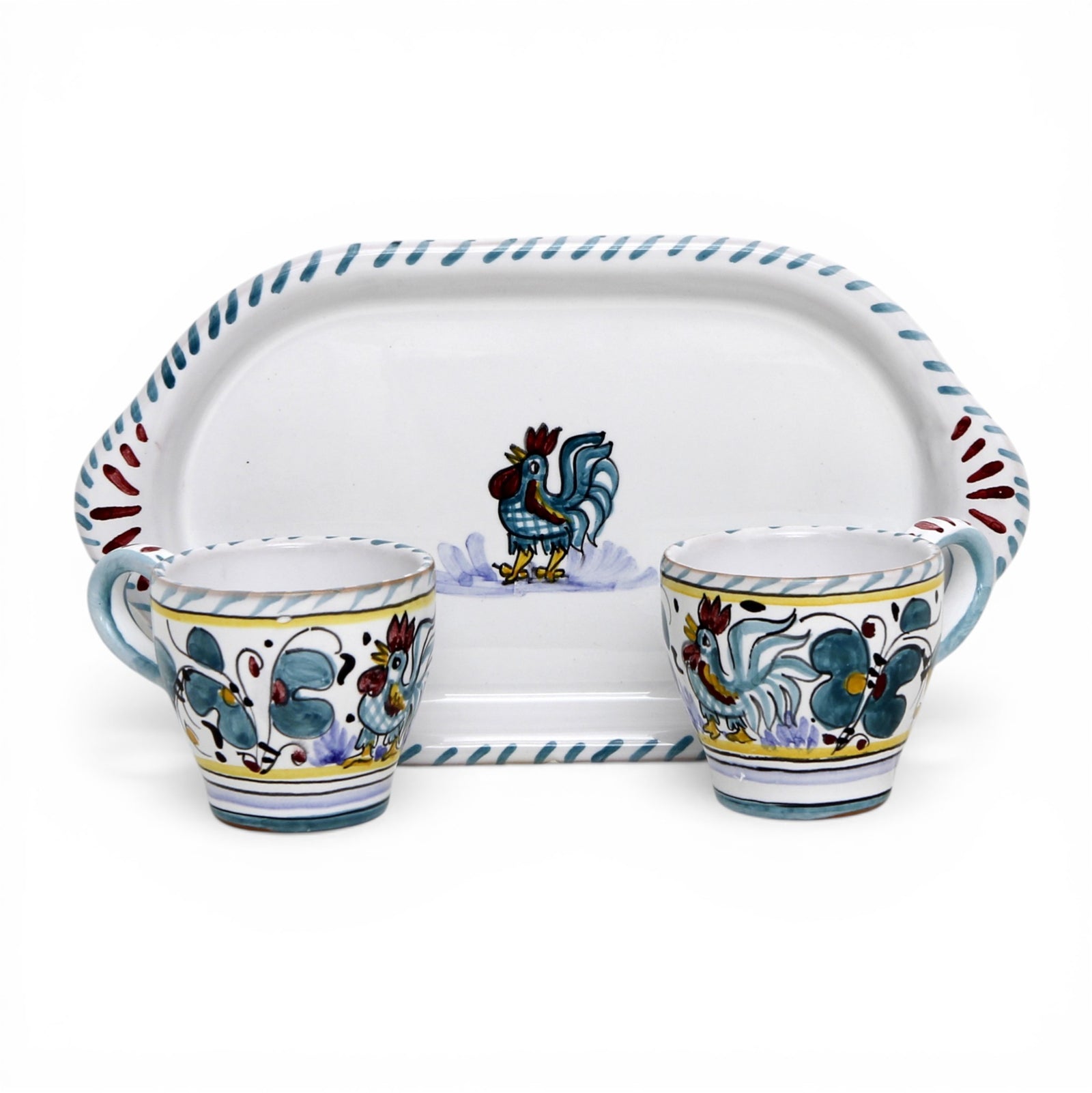 DERUTA ESPRESSO SET: Oblong Tray with two Espresso cups - GREEN ROOSTER Design