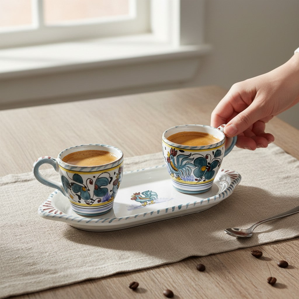 DERUTA ESPRESSO SET: Oblong Tray with two Espresso cups - GREEN ROOSTER Design