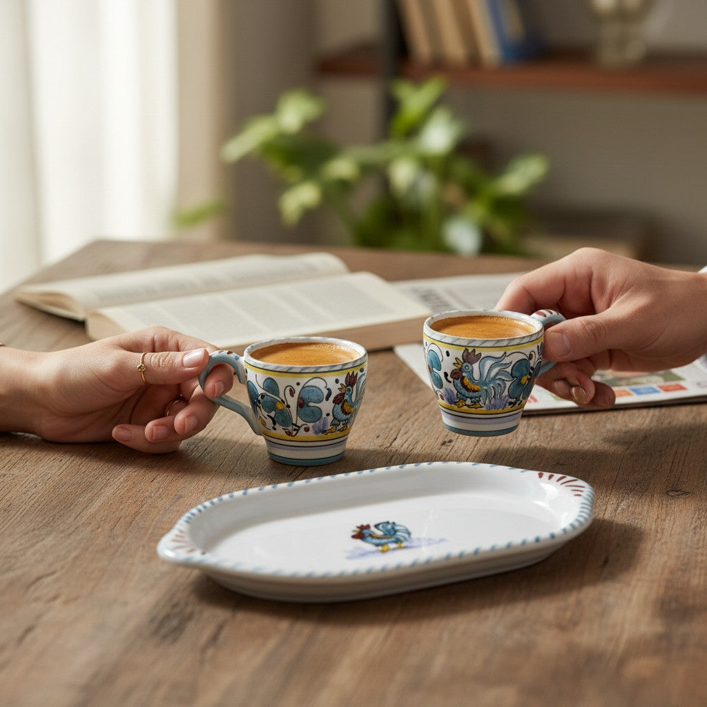DERUTA ESPRESSO SET: Oblong Tray with two Espresso cups - GREEN ROOSTER Design