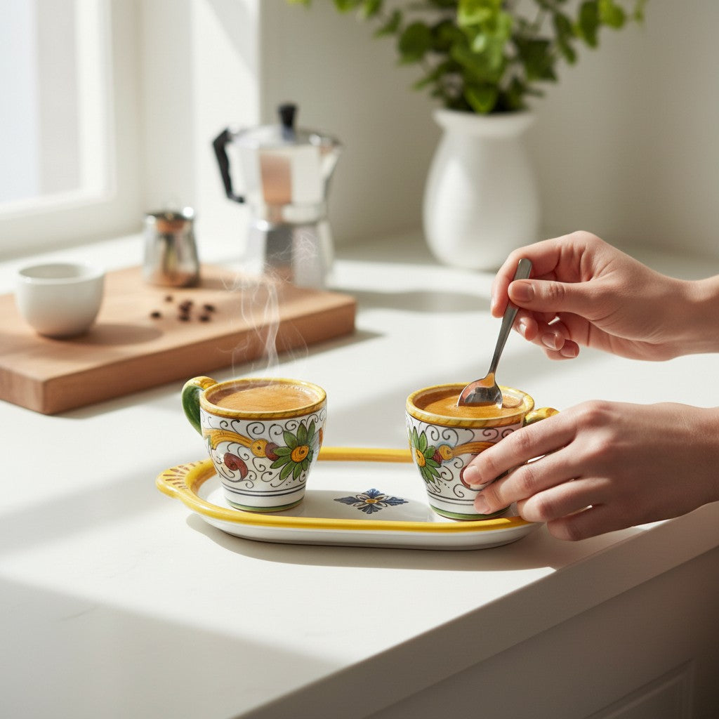 DERUTA ESPRESSO SET: Oblong Tray with two Espresso cups - RAFFAELLESCO-PERUGINO Design