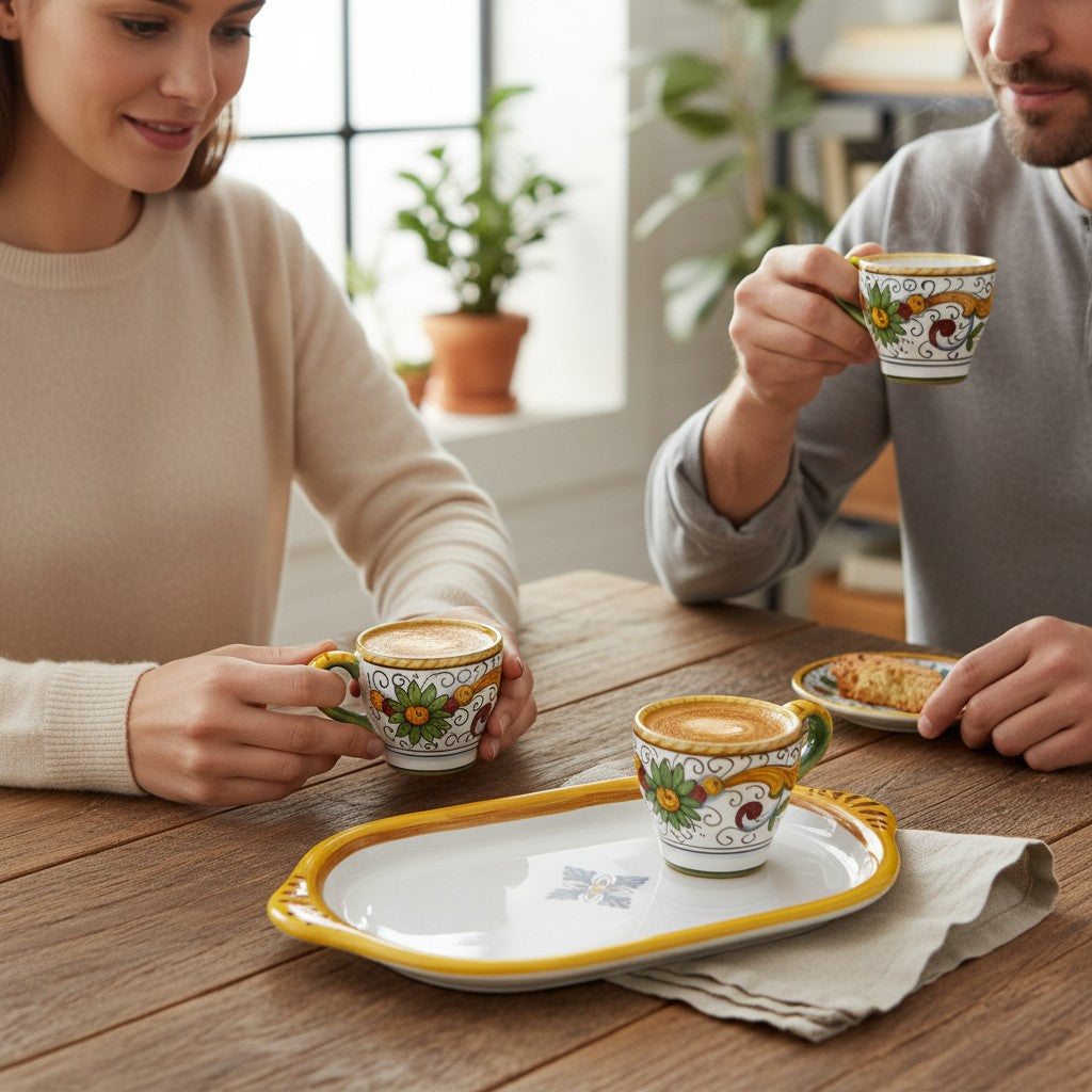 DERUTA ESPRESSO SET: Oblong Tray with two Espresso cups - RAFFAELLESCO-PERUGINO Design
