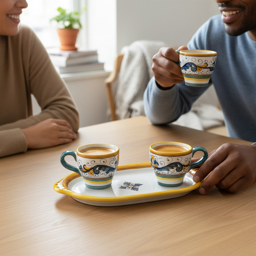 DERUTA ESPRESSO SET: Oblong Tray with two Espresso cups - RICCO DERUTA Design